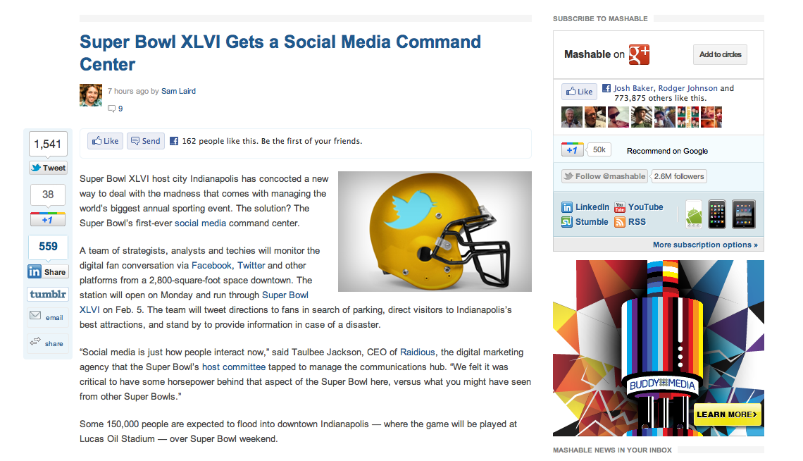Raidious Social Media Command Center for Super Bowl XLVI on Mashable